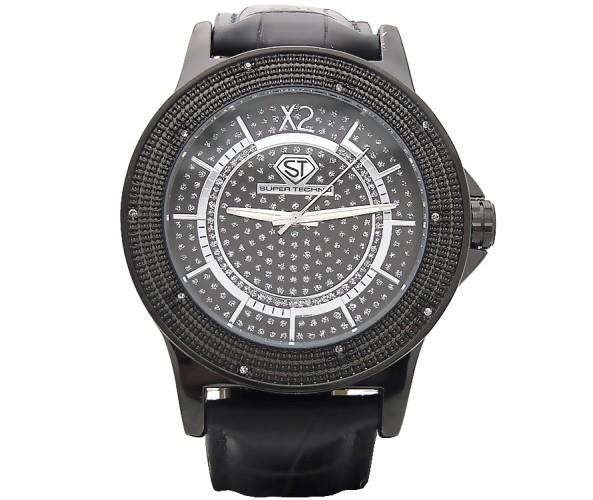Super Techno Watch All Black .10ct Genuine Diamonds HipHopBling