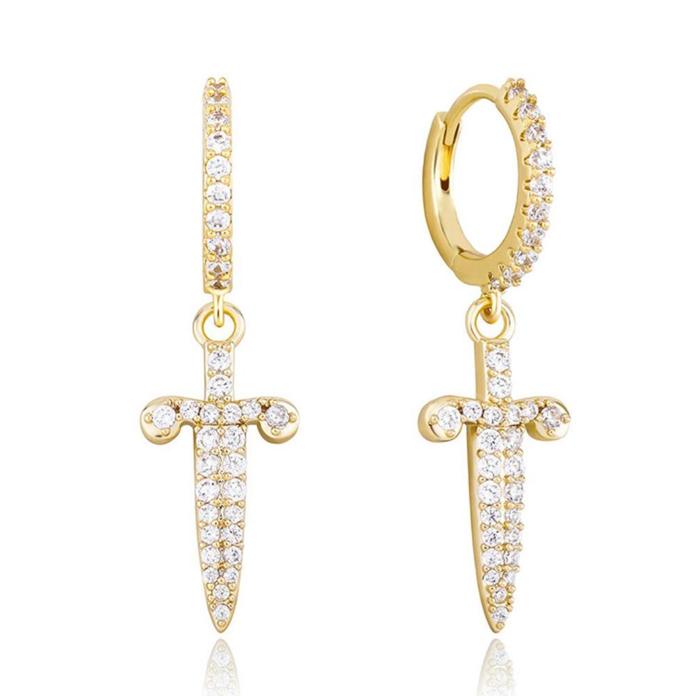 Sword Dangling Hoops CZ Iced Out Earrings .925 Sterling Silver Yellow Gold HipHopBling