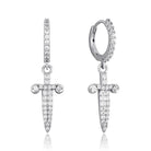 Sword Dangling Hoops CZ Iced Out Earrings .925 Sterling Silver Yellow Gold HipHopBling