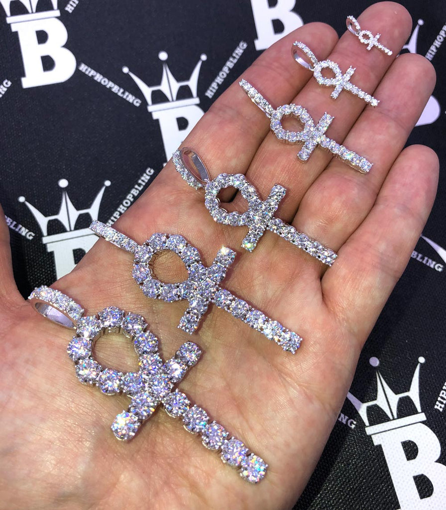 Tennis Ankh Cross VVS Moissanite Pendant .925 Sterling Silver 1MM .12 Carats HipHopBling