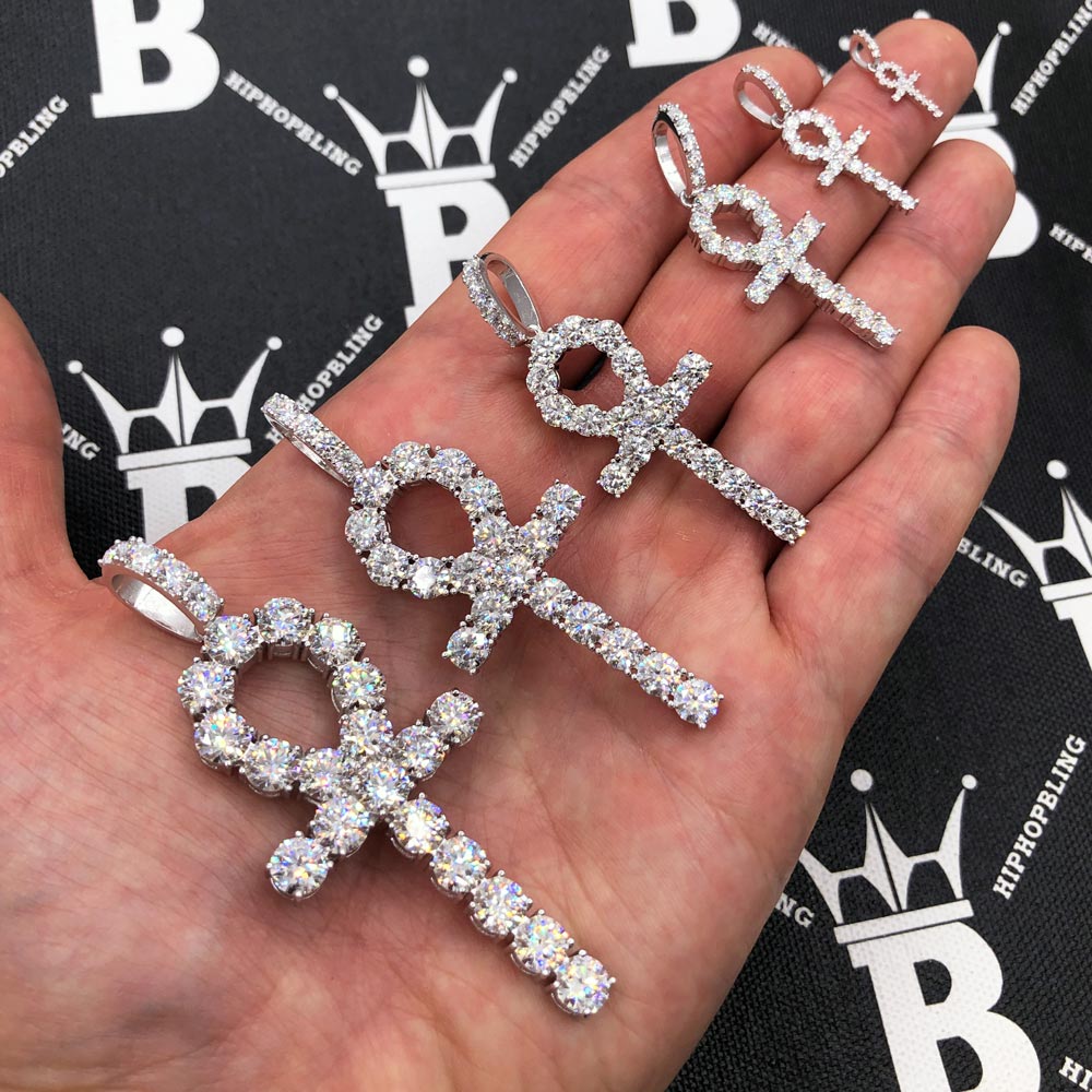 Tennis Ankh Cross VVS Moissanite Pendant .925 Sterling Silver 1MM .12 Carats HipHopBling