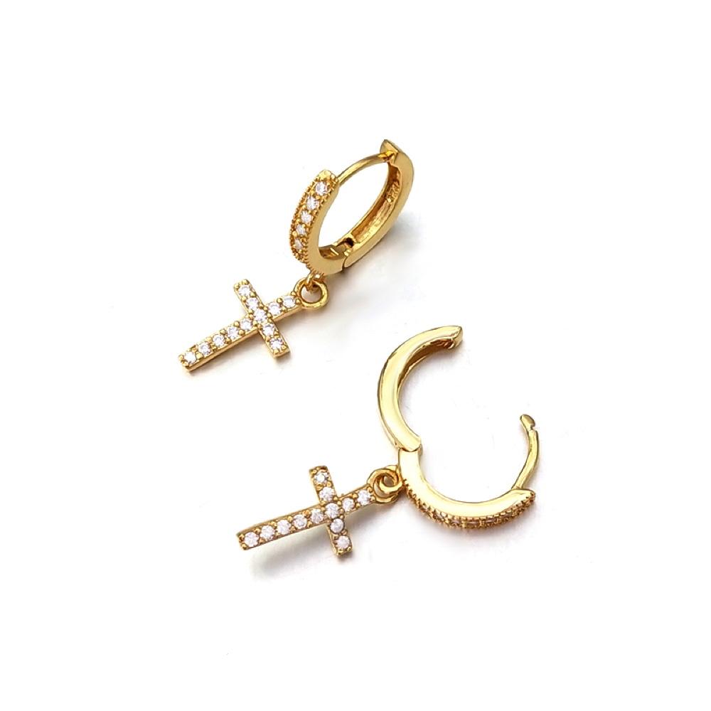 Tennis Cross Dangling Huggie Hoop CZ Iced Out Earrings .925 Silver White Gold HipHopBling