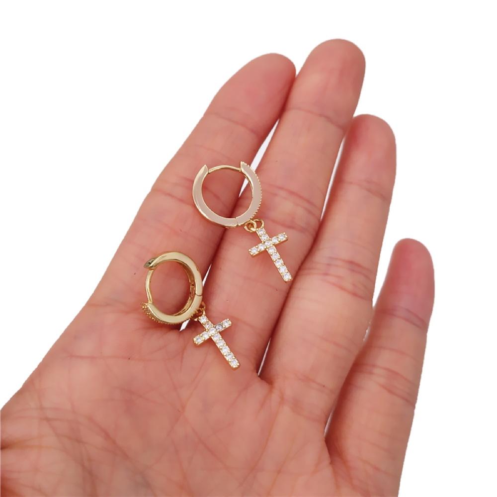 Tennis Cross Dangling Huggie Hoop CZ Iced Out Earrings .925 Silver White Gold HipHopBling