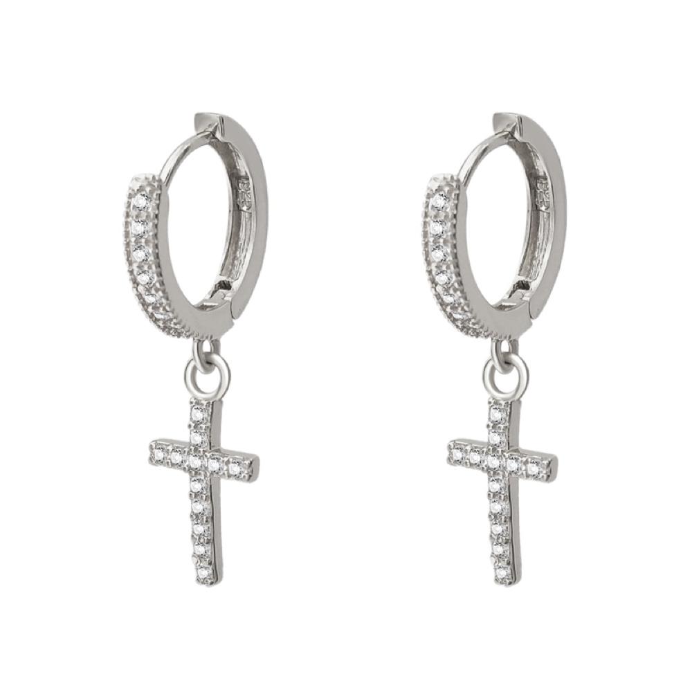 Tennis Cross Dangling Huggie Hoop CZ Iced Out Earrings .925 Silver White Gold HipHopBling