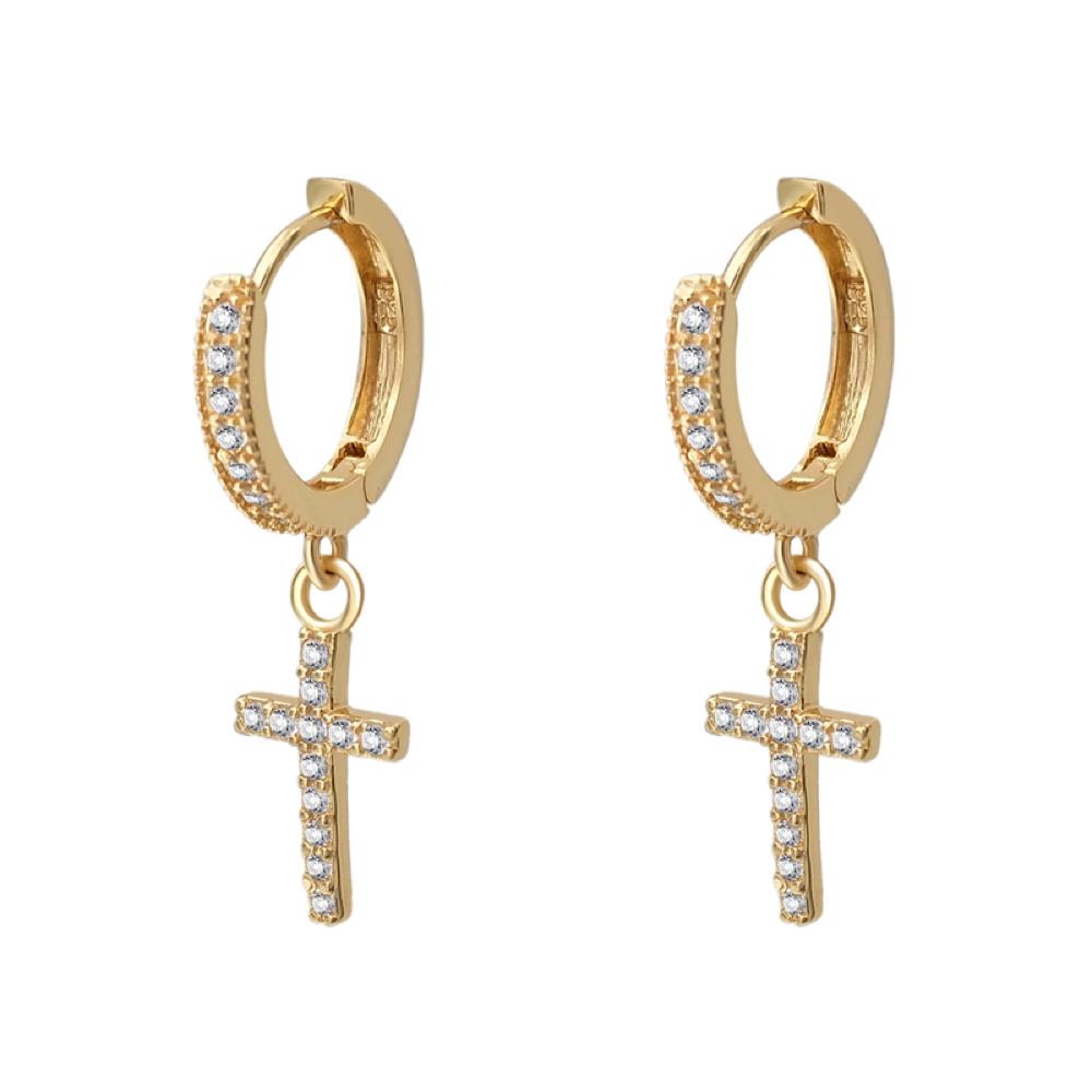 Tennis Cross Dangling Huggie Hoop CZ Iced Out Earrings .925 Silver Yellow Gold HipHopBling