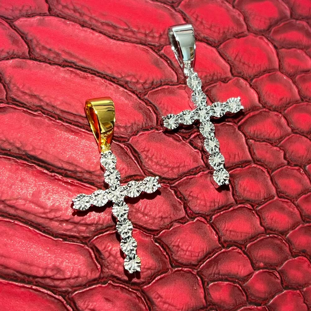 Tennis Cross Miracle Set Diamond Pendant .925 Sterling Silver White Gold HipHopBling