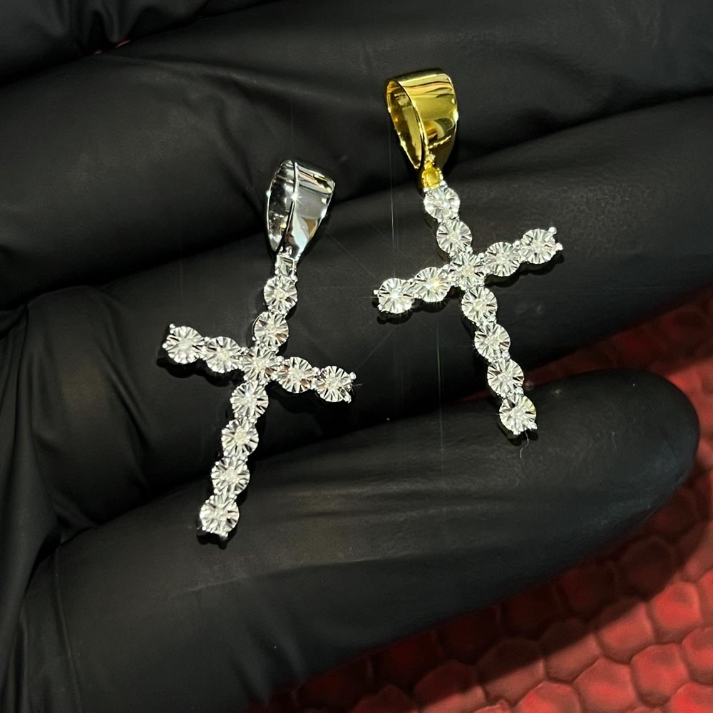 Tennis Cross Miracle Set Diamond Pendant .925 Sterling Silver Yellow Gold HipHopBling
