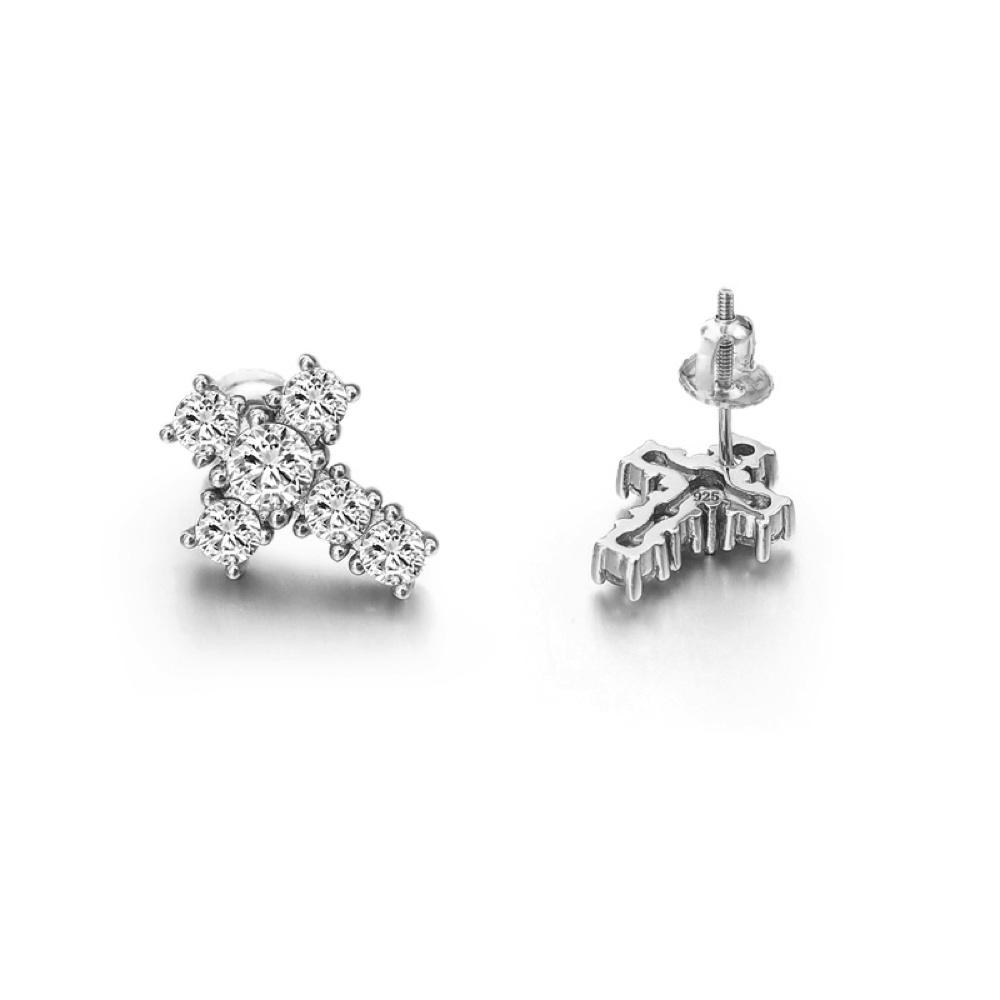 Tennis Cross Stud CZ Iced Out Earrings .925 Silver White Gold HipHopBling