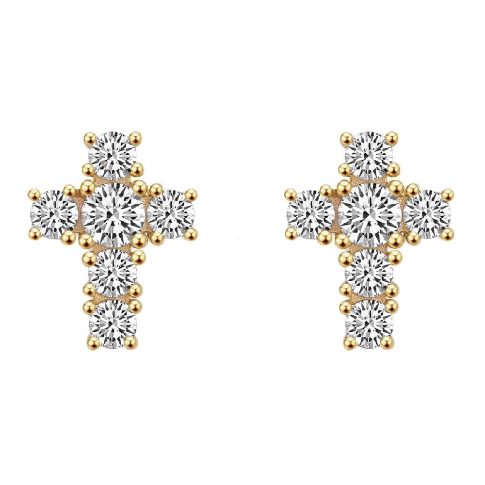 Tennis Cross Stud CZ Iced Out Earrings .925 Silver Yellow Gold HipHopBling