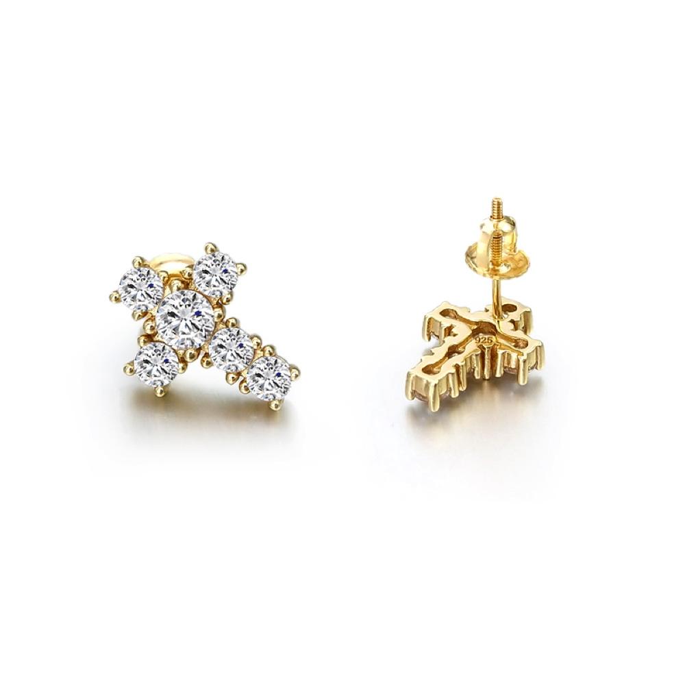 Tennis Cross Stud CZ Iced Out Earrings .925 Silver Yellow Gold HipHopBling
