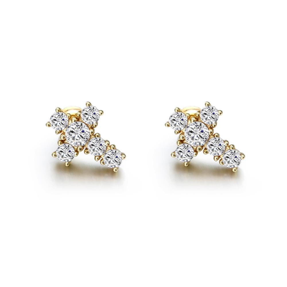 Tennis Cross Stud CZ Iced Out Earrings .925 Silver Yellow Gold HipHopBling