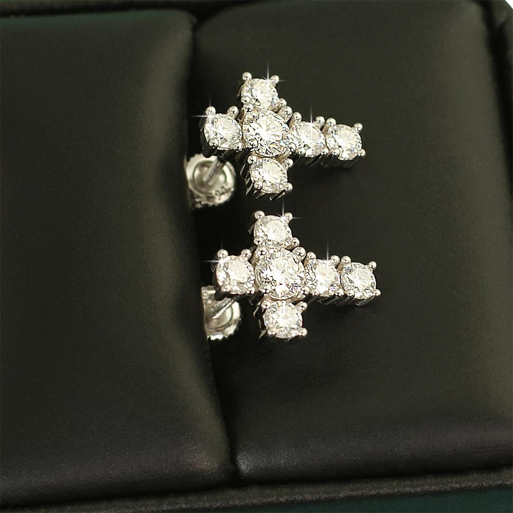 Tennis Cross Stud VVS Moissanite Earrings .925 Sterling Silver White Gold HipHopBling