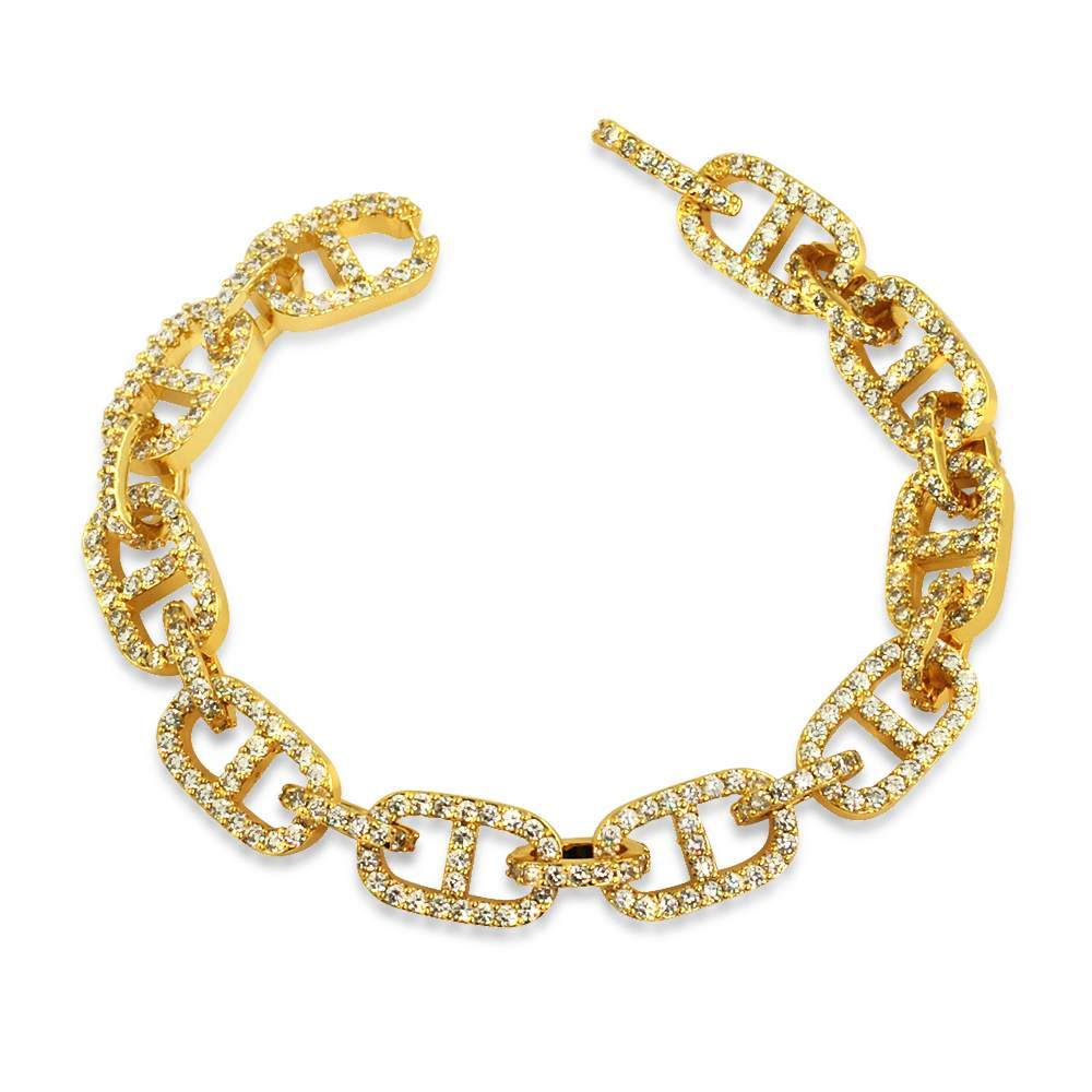 Tennis Mariner Link CZ Iced Out Hip Hop Bracelet Yellow Gold 8" HipHopBling