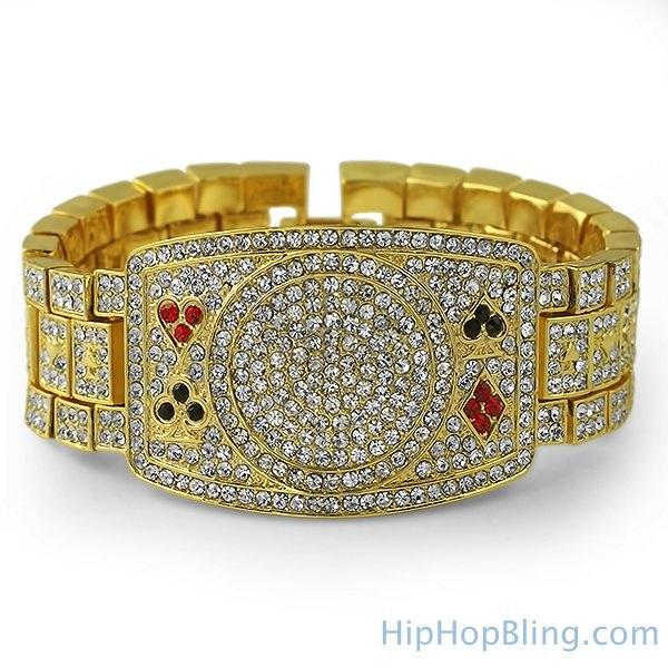 Texas Hold Em Poker Gold Bling Bling Bracelet HipHopBling