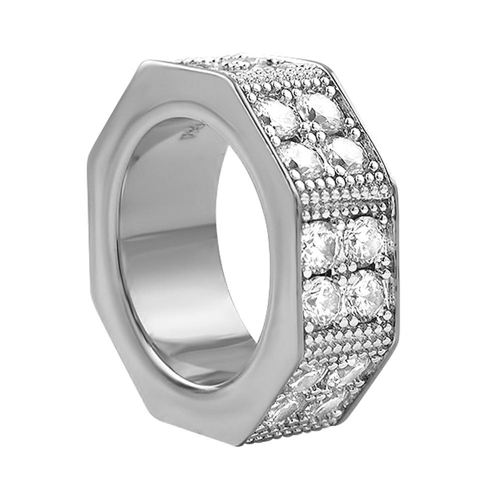 Thick Double Bling Octagon Ring Rhodium 7 HipHopBling
