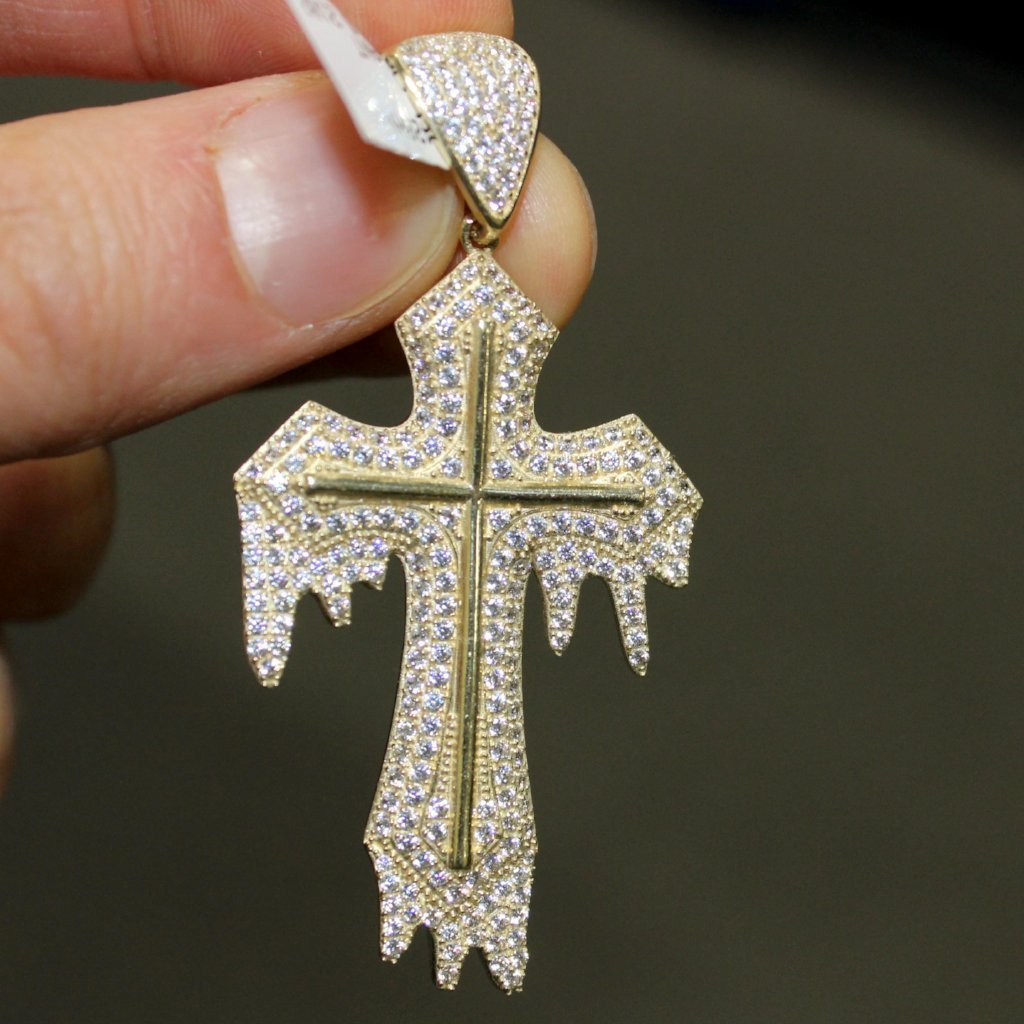 Thick Drip Cross Pendant VVS CZ 10K Yellow Gold HipHopBling