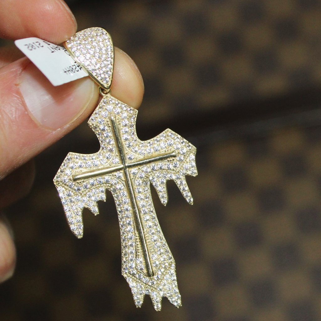 Thick Drip Cross Pendant VVS CZ 10K Yellow Gold HipHopBling