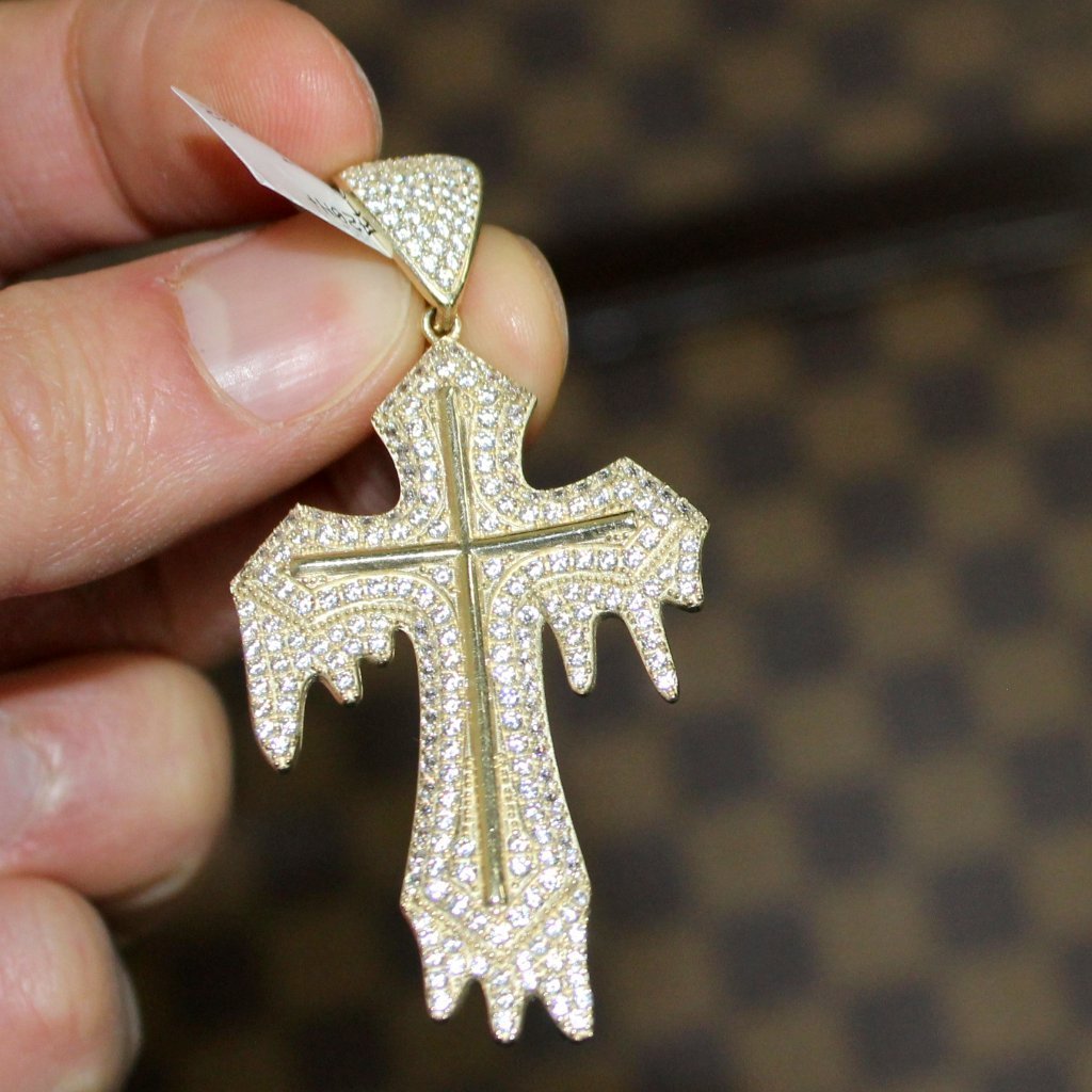 Thick Drip Cross Pendant VVS CZ 10K Yellow Gold HipHopBling