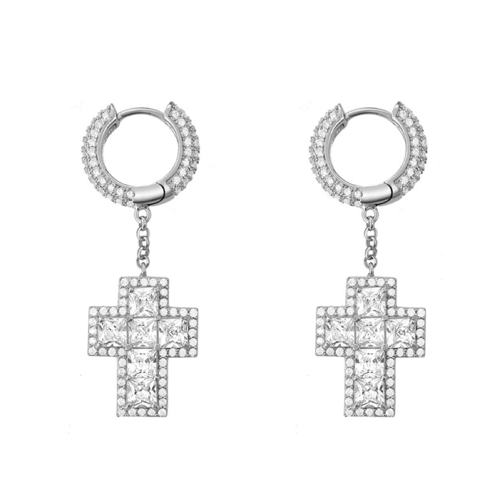 Thick Princess Cross Dangling Huggie Hoop Icedout Earrings .925 Silver White Gold HipHopBling