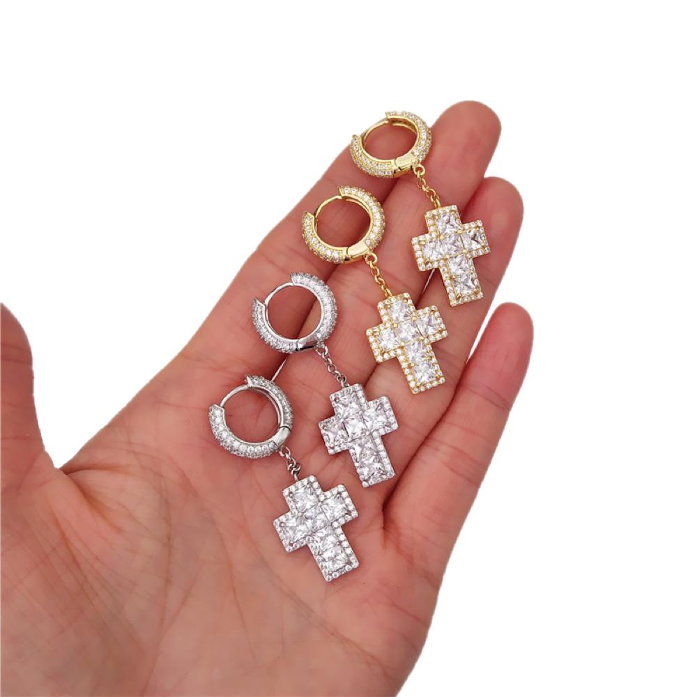 Thick Princess Cross Dangling Huggie Hoop Icedout Earrings .925 Silver White Gold HipHopBling