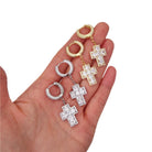 Thick Princess Cross Dangling Huggie Hoop Icedout Earrings .925 Silver White Gold HipHopBling
