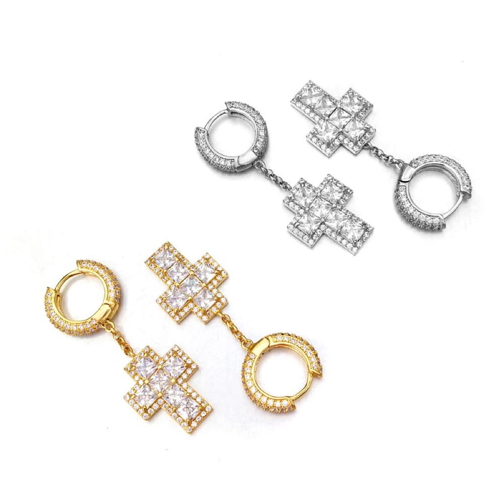 Thick Princess Cross Dangling Huggie Hoop Icedout Earrings .925 Silver White Gold HipHopBling