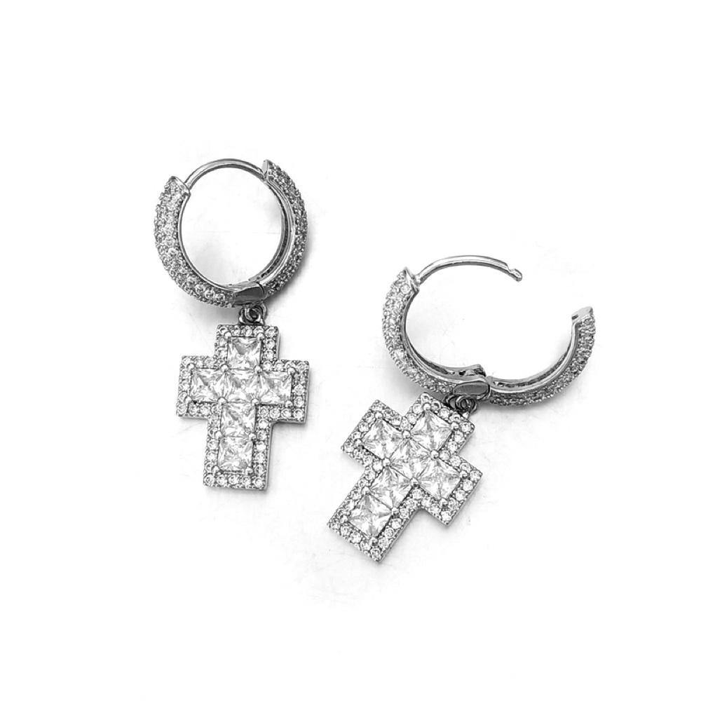 Thick Princess Cross Dangling Huggie Hoop Icedout Earrings .925 Silver White Gold HipHopBling