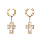 Thick Princess Cross Dangling Huggie Hoop Icedout Earrings .925 Silver Yellow Gold HipHopBling