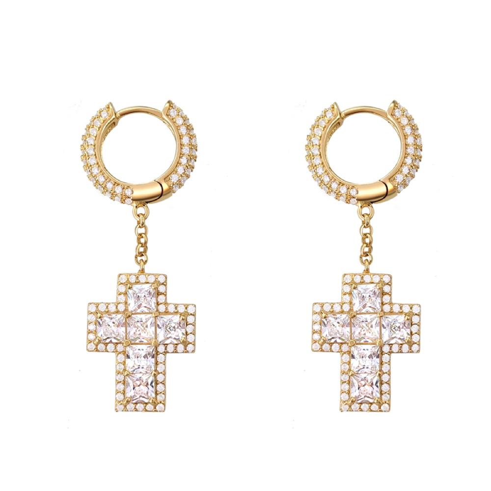 Thick Princess Cross Dangling Huggie Hoop Icedout Earrings .925 Silver Yellow Gold HipHopBling