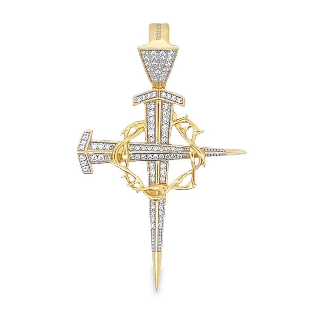 Thorn Cross VVS Moissanite Pendant .60cttw .925 Sterling Silver Yellow Gold HipHopBling