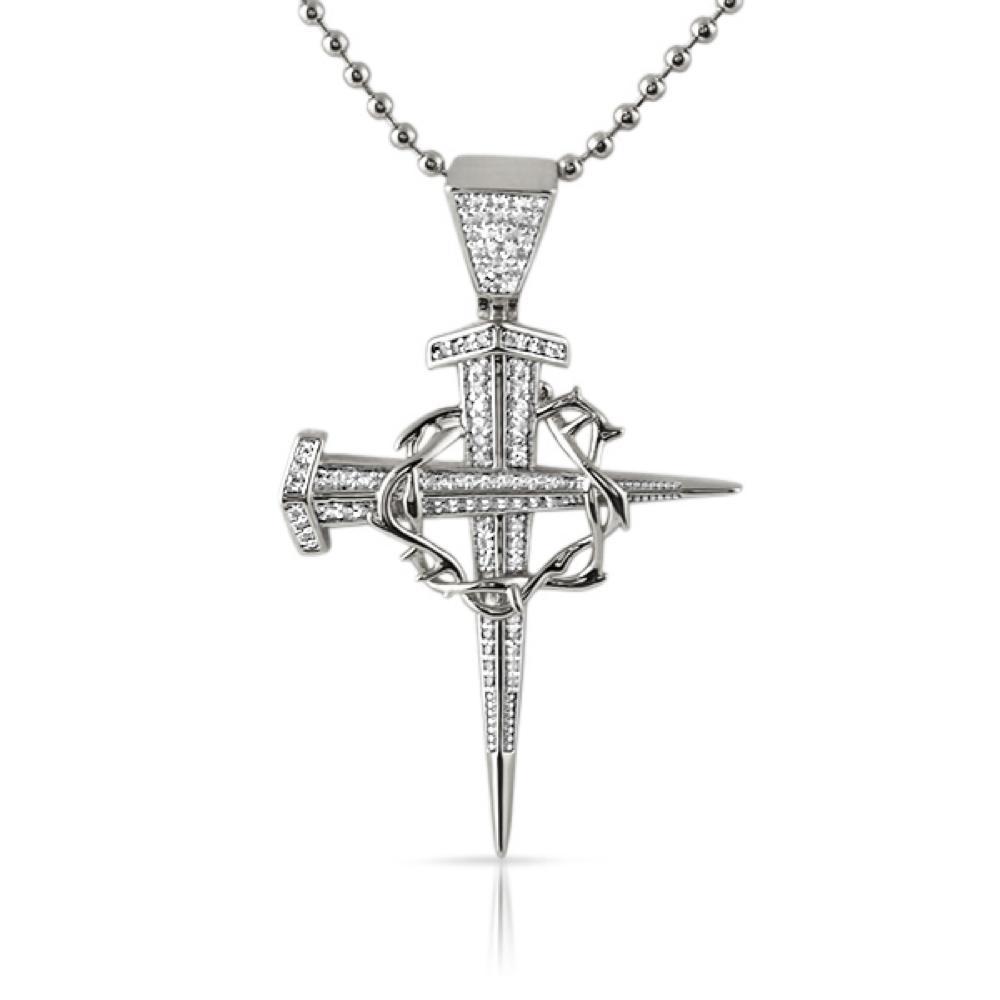 Thorny Stake Cross Rhodium CZ Pendant HipHopBling