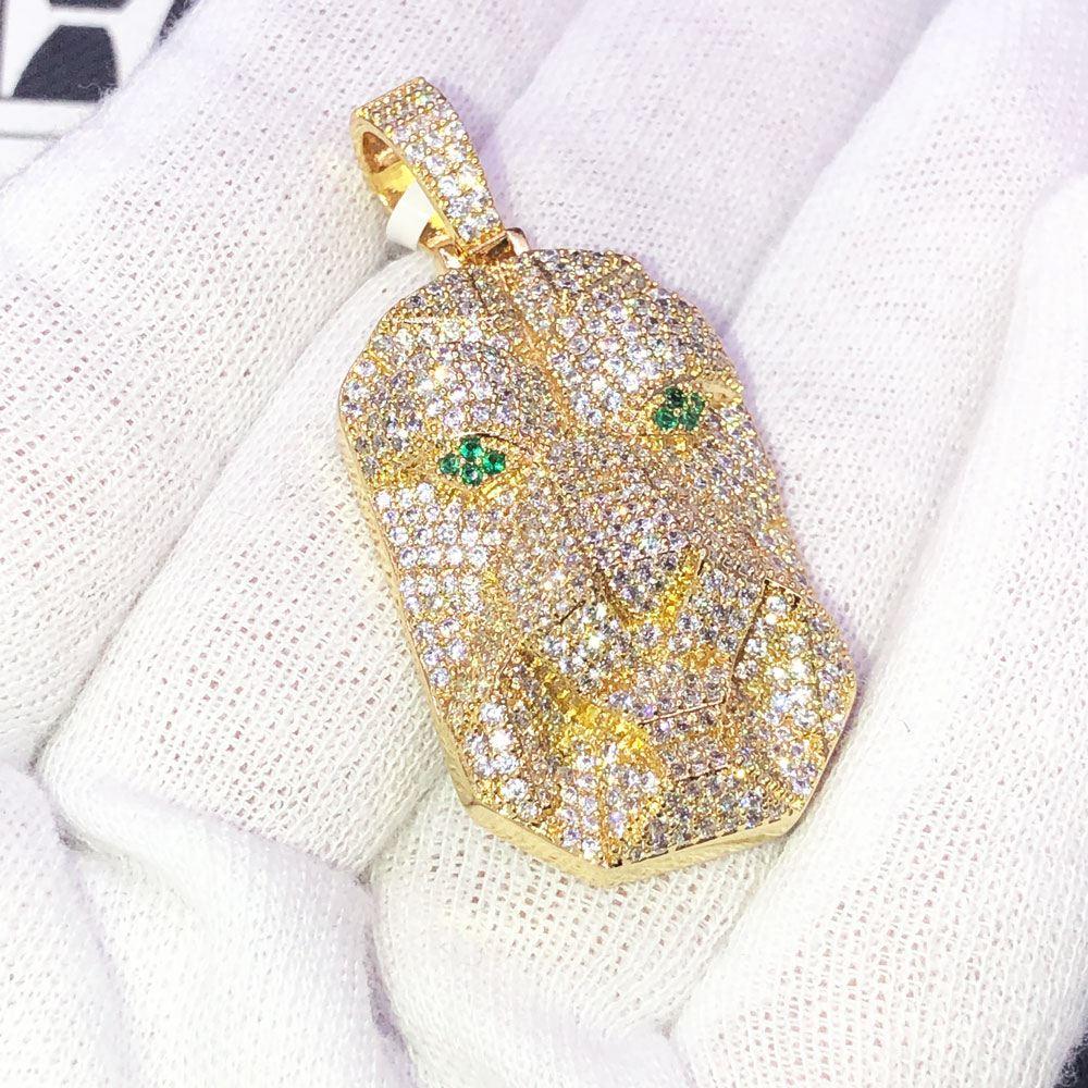 Tiger 3D Dog Tag VVS CZ Hip Hop Iced Out Pendant Yellow Gold HipHopBling