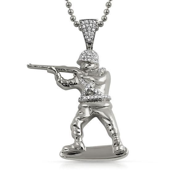 Toy Army Soldier 3D CZ Pendant Rhodium HipHopBling