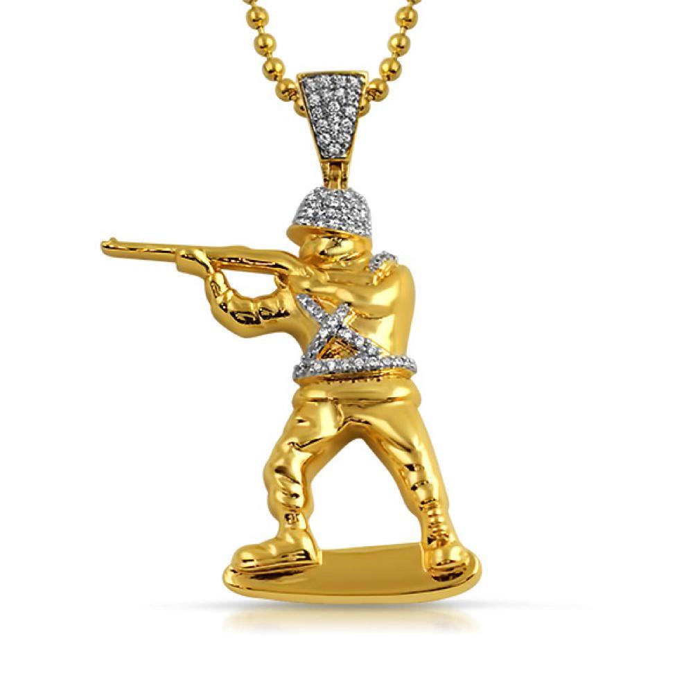 Toy Army Soldier 3D Gold Bling Bling Pendant CZ HipHopBling