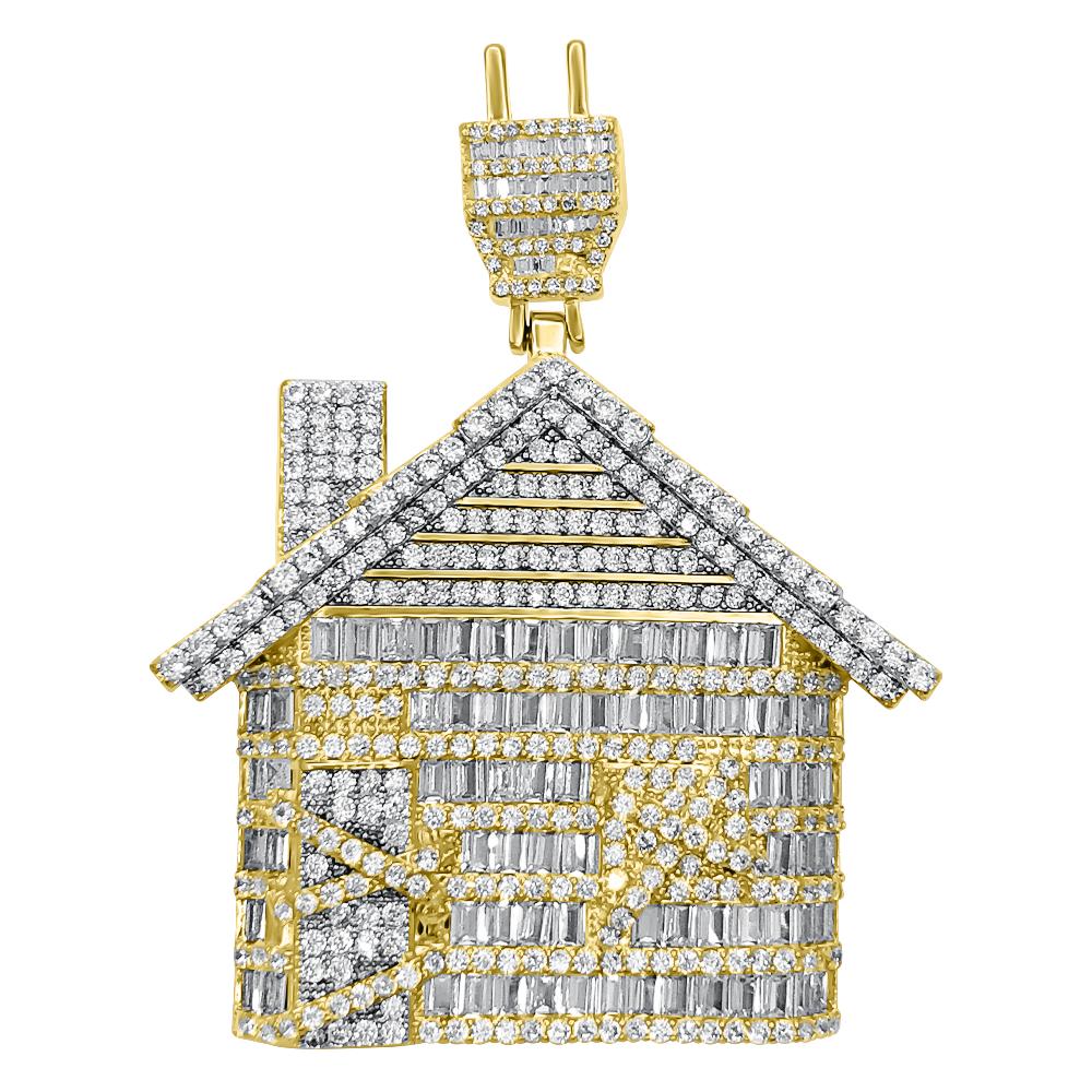 Trap House Baguette CZ Iced Out Pendant Yellow Gold HipHopBling