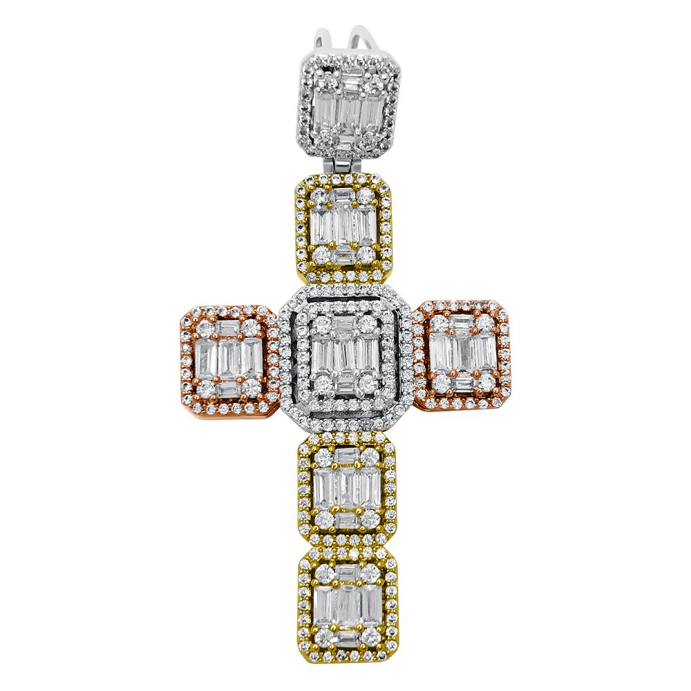 Tri Tone Cluster Baguette Cross CZ Hip Hop Bling Bling Pendant 3 Tone HipHopBling