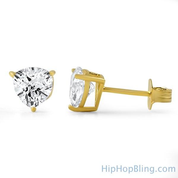 Trillion Cut CZ Stud Earrings Gold .925 Silver 4MM HipHopBling