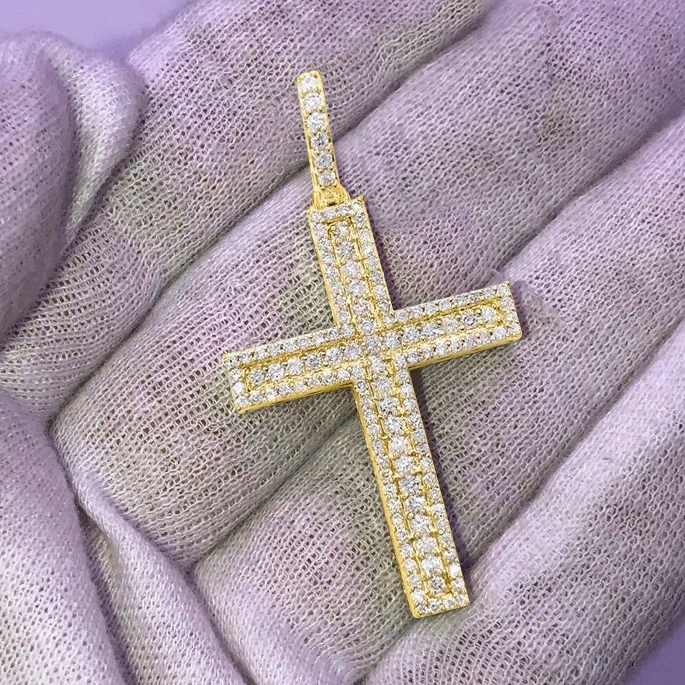 Triple Row Cross Diamond Pendant 1.70cttw 10K Yellow Gold HipHopBling
