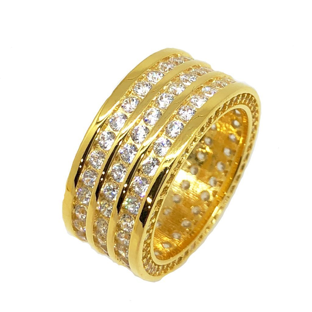 Triple Row CZ Eternity Band Bling Bling Ring in Gold HipHopBling