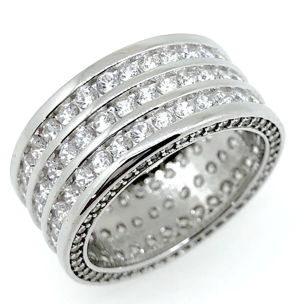 Triple Row CZ Eternity Band Bling Bling Ring in Rhodium 7 HipHopBling