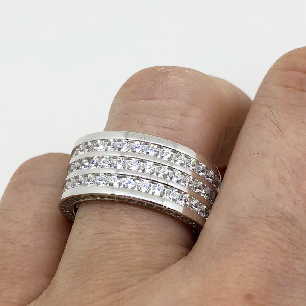 Triple Row CZ Eternity Band Bling Bling Ring in Rhodium 7 HipHopBling