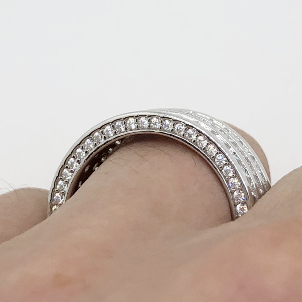 Triple Row CZ Eternity Band Bling Bling Ring in Rhodium HipHopBling