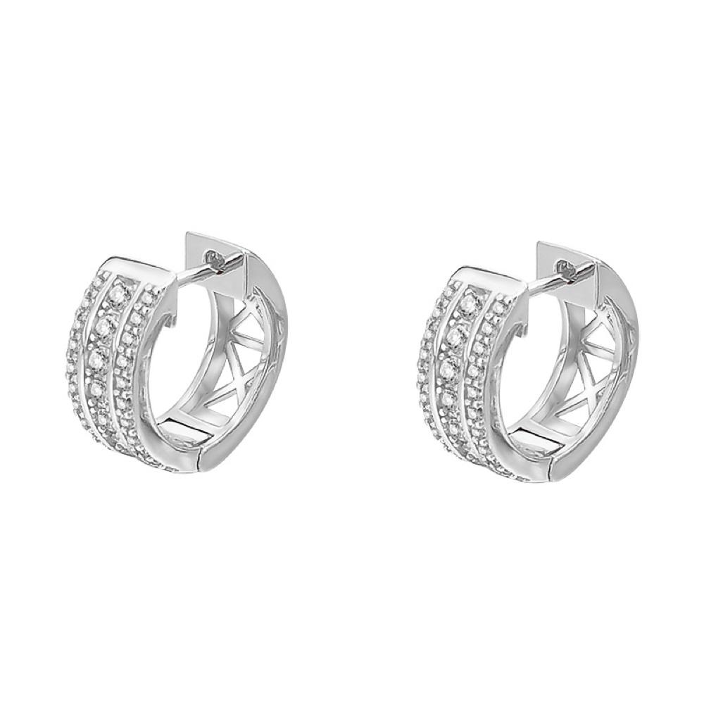 Triple Row CZ Huggie Hoop Iced Out Earrings .925 Silver White Gold HipHopBling