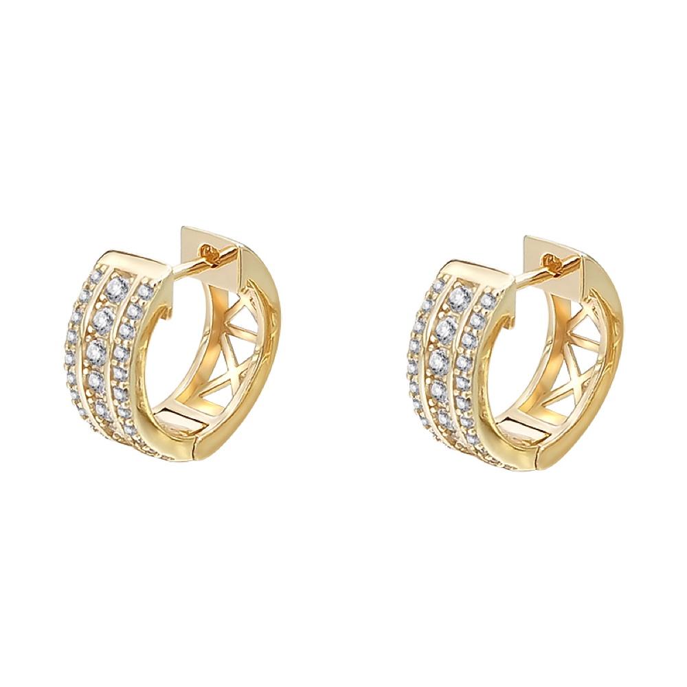 Triple Row CZ Huggie Hoop Iced Out Earrings .925 Silver Yellow Gold HipHopBling