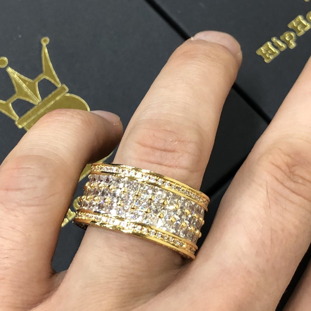 Triple Row Princess Cut Eternity Band Gold Mens CZ Bling Ring 7 HipHopBling