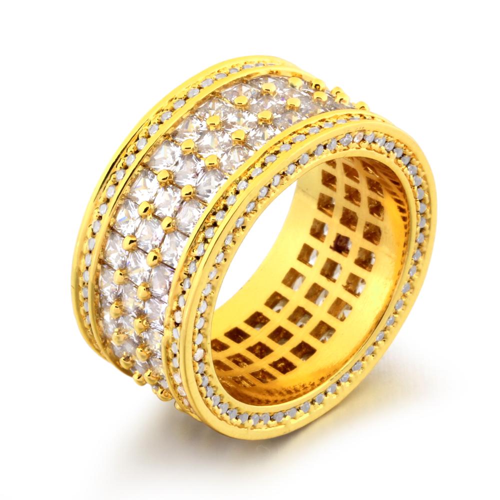Triple Row Princess Cut Eternity Band Gold Mens CZ Bling Ring 7 HipHopBling