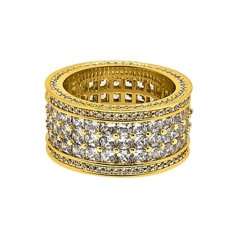Triple Row Princess Cut Eternity Band Gold Mens CZ Bling Ring 7 HipHopBling