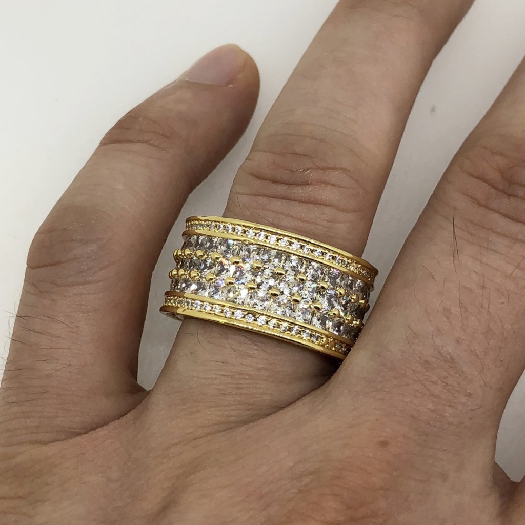Triple Row Princess Cut Eternity Band Gold Mens CZ Bling Ring 7 HipHopBling