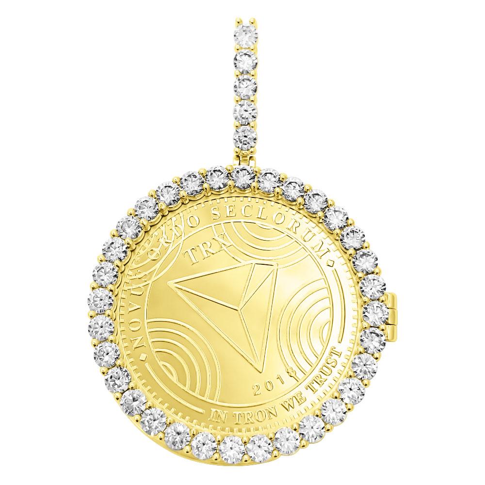 Tron TRX Coin Iced Out Frame Pendant Yellow Gold Tennis CZ Frame HipHopBling