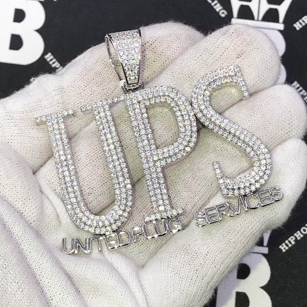UPS United Plug Services CZ Hip Hop Bling Bling Pendant White Gold HipHopBling